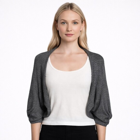 Louiza Babouryan size small Gray Merino Wool Silver Metallic Knit Shrug sweater